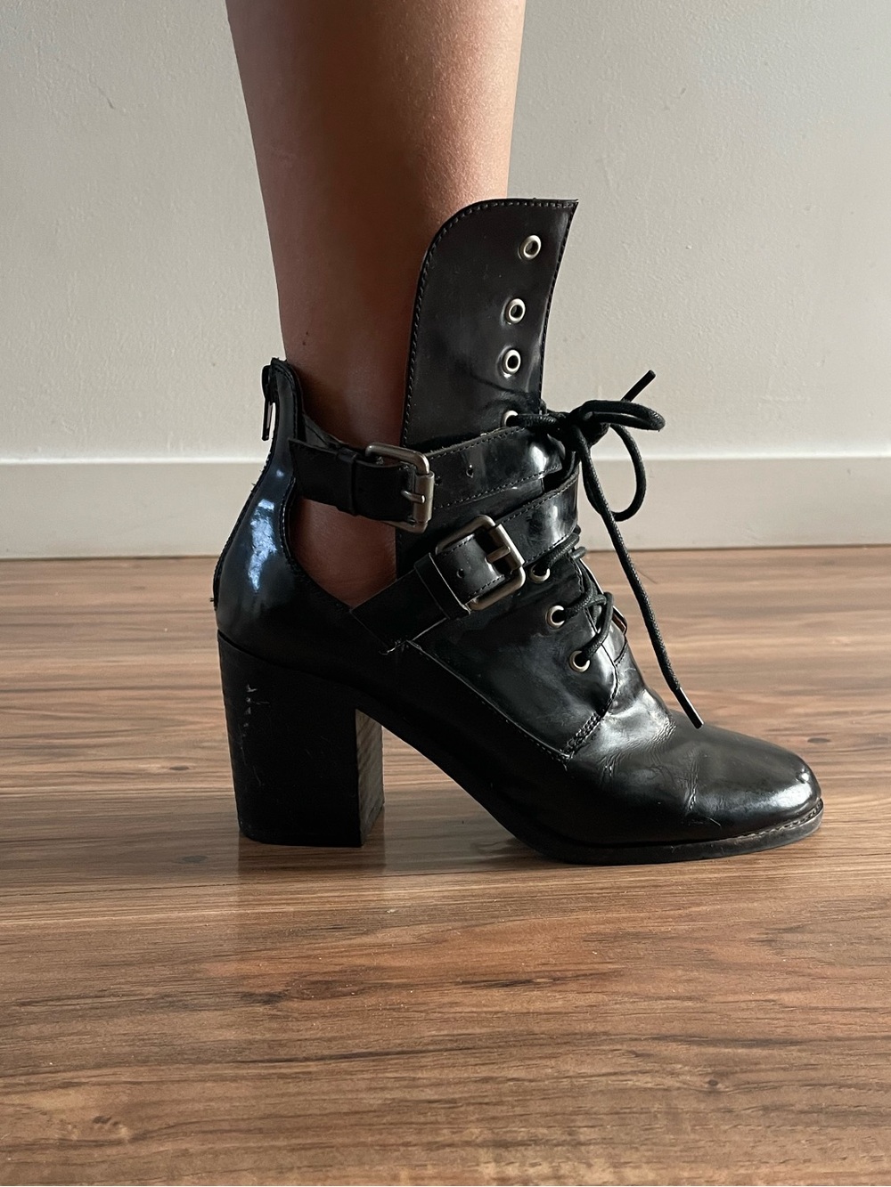 Jeffrey Campbell Black Leather Lace-Up Heeled Ankle Boots with Buckles